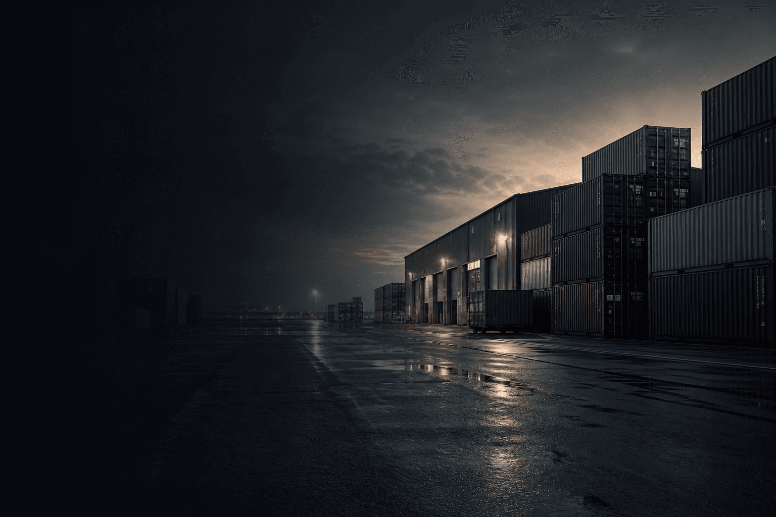 Stacked shipping containers at a cargo logistics terminal