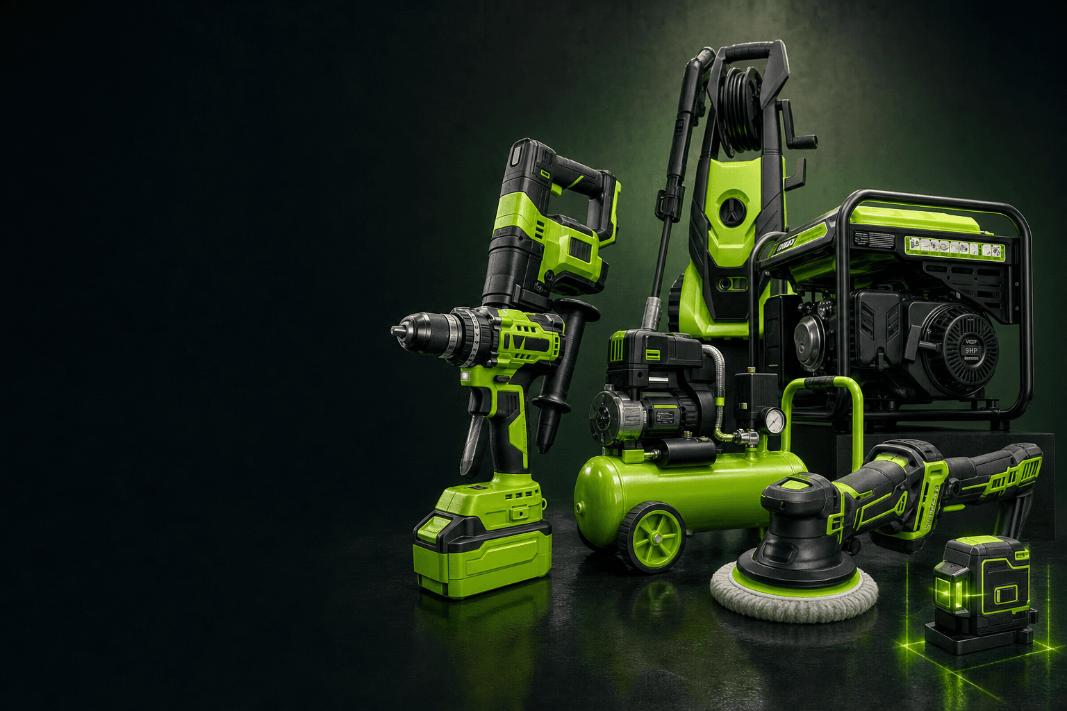 A group of professional power tools and equipment including a cordless drill, demolition hammer, generator, pressure washer, air compressor, polisher, and laser level